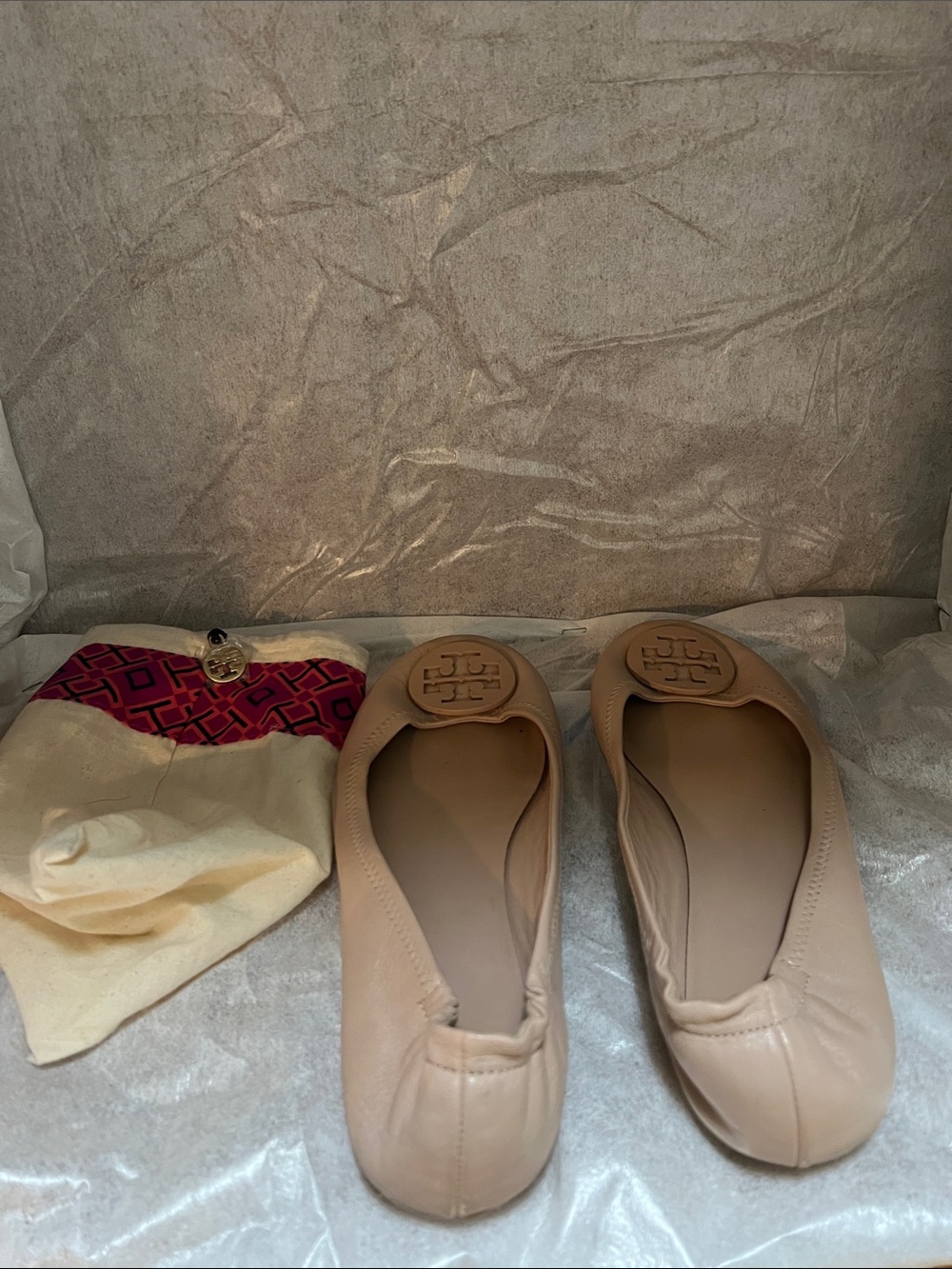Tory Burch Beige Leather Logo Ballet Flats